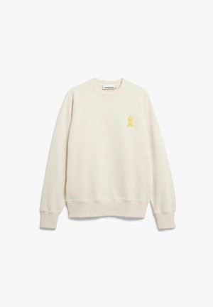 Off-White-Sweatshirt mit geripptem Rundhalsausschnitt, Raglanärmeln und einem kleinen gelben Logo-Akzent auf der Vorderseite. Weicher Stoff und lockere Passform.