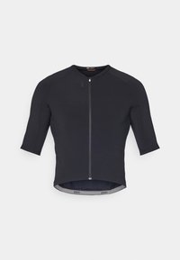 Maillot de cyclisme à manches courtes en tissu bleu marine foncé avec une fermeture éclair à l'avant et un col rond ; présente un logo POC près de la fermeture éclair et de l'ourlet.
