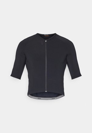 Maillot de cyclisme à manches courtes en tissu bleu marine foncé avec une fermeture éclair à l'avant et un col rond ; présente un logo POC près de la fermeture éclair et de l'ourlet.