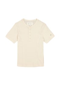 T-shirt color crema a maniche corte con texture a coste, patta con bottoni sul davanti e dettaglio del logo sulla manica.