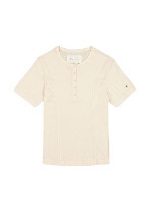 Cream-colored short-sleeve t-shirt with a ribbed texture, button placket at the front, and logo detail on the sleeve.