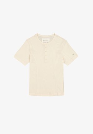 Cremfarbendes T-Shirt mit kurzen Ärmeln, strukturiertem Ribben, Knopfleiste an der Vorderseite und Logodetail am Ärmel.