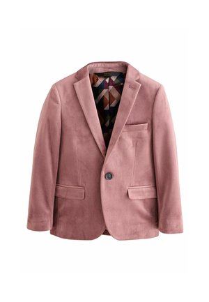 Blazer de ante rosa con solapa con muesca, cierre de un solo botón y dos bolsillos delanteros. El interior cuenta con un forro con patrón geométrico.