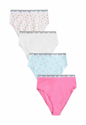 Set van vier damesonderbroeken: wit, roze, lichtblauw met aardbeienmotieven, en een witte met een zwarte band met het label "NEXT."