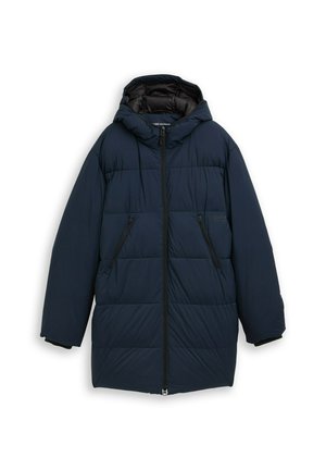 Tummansininen pussitakki hupulla, jossa on vaakasuorat tikkaukset, kaksi etu taskua vetoketjulla ja keskellä etuvetoketjukiinnitys.