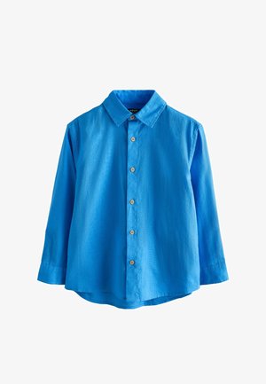 Ryškiai mėlyna ilgomis rankovėmis marškiniai su apykakle ir mediniais sagomis, išdėstyti horizontalioje padėtyje ant balto fono.