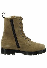 Stivaletti alla caviglia in suede marrone con zip nera, lacci davanti e suola in gomma, dotati di un motivo di battistrada robusto per una maggiore aderenza.