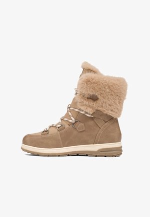 Botte d'hiver beige avec un col en fausse fourrure épaisse, fermeture à lacets, détails cousus et semelle en caoutchouc, conçue pour le confort par temps froid.