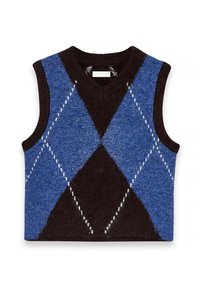 Chaleco sin mangas de punto con un patrón de rombos en marrón y azul, escote en V y detalles en blanco a lo largo de las formas de diamante.