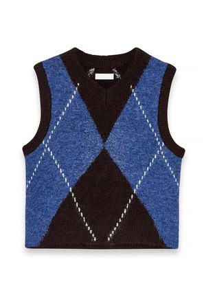Szydełkowa kamizelka bez rękawów z brązowo-niebieskim wzorem w romby, dekoltem w serek oraz białymi detalami wzdłuż kształtów diamentów.