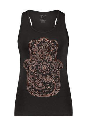 Schwarzes Tanktop mit einem detaillierten kupferfarbenen Motiv einer Hand mit floralen Mustern. Hergestellt aus weichem, dehnbarem Stoff.