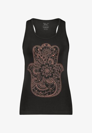 Schwarzes Tanktop mit einem detaillierten kupferfarbenen Motiv einer Hand mit floralen Mustern. Hergestellt aus weichem, dehnbarem Stoff.