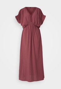 Robe maxi longue bordeaux avec un décolleté en V, des manches courtes bouffantes et une taille élastique. Fabriquée en tissu léger avec une texture douce.