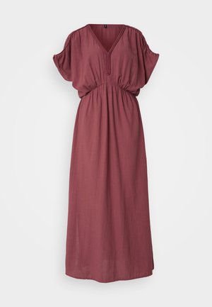 Maroon, long maxi dress with a V-neckline, short puff sleeves, and an elastic waist. Made from lightweight fabric with a soft texture.