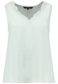 Haut sans manches vert menthe clair avec un décolleté en V et des détails en dentelle sur les épaules. Tissu lisse et doux ; coupe ample et décontractée.