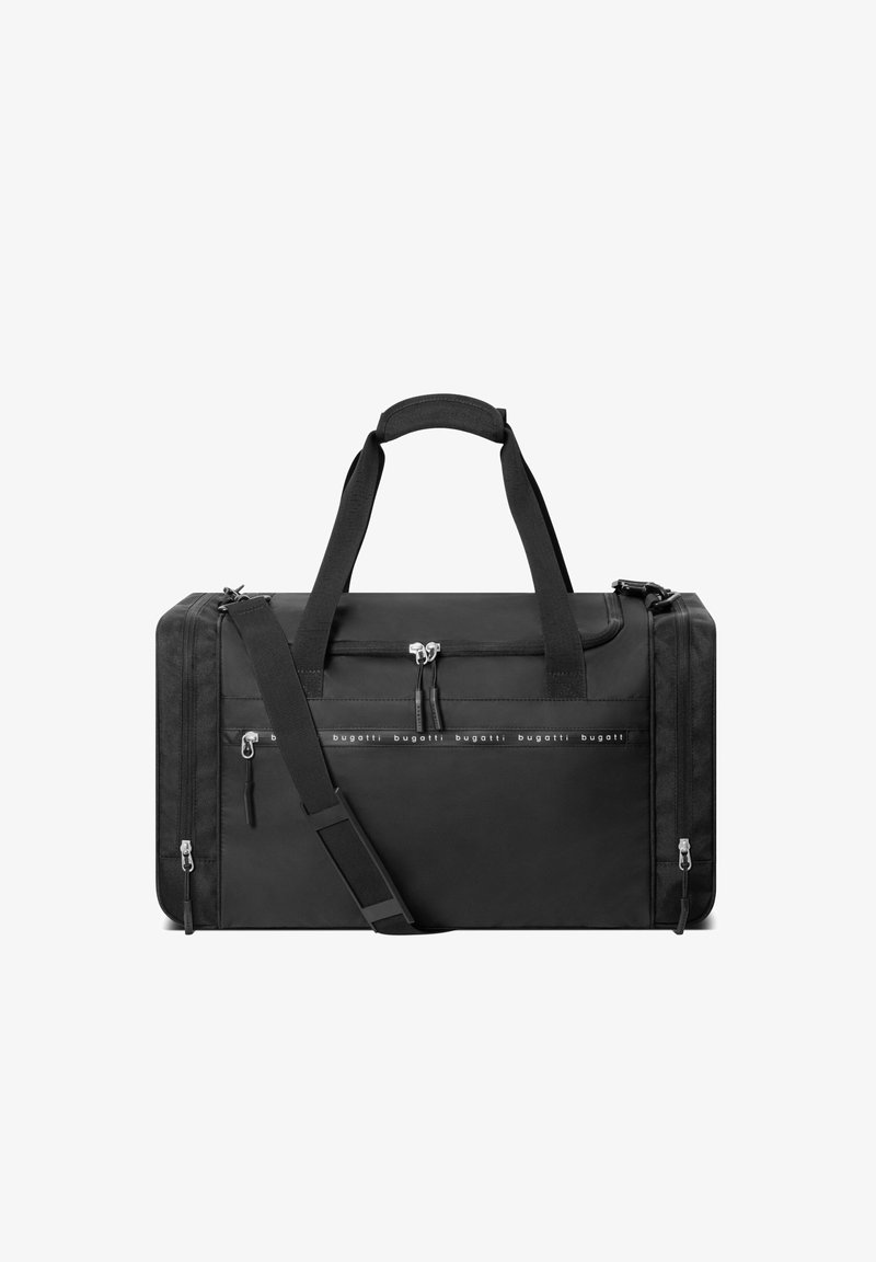 Borsa da viaggio nera a forma rettangolare, in tessuto resistente, con manici doppi, tracolla regolabile e dettagli in metallo argentato.