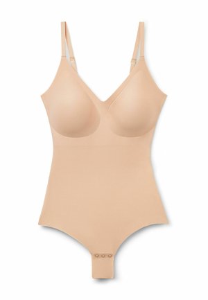 Beige bodysuit met een V-halsontwerp, gevormde cups, verstelbare bandjes en een drukknoopsluiting onderaan. Gemaakt van glad, rekbaar materiaal.