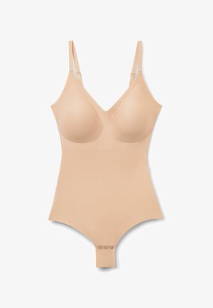 Beige bodystocking med V-halsdesign, formede skåle, justerbare stropper og trykknaplukning i bunden. Fremstillet af glat, strækbart materiale.
