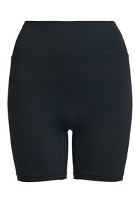 Shorts da ciclismo neri a vita alta realizzati in tessuto elasticizzato, con una trama liscia e senza motivi visibili o dettagli in metallo.