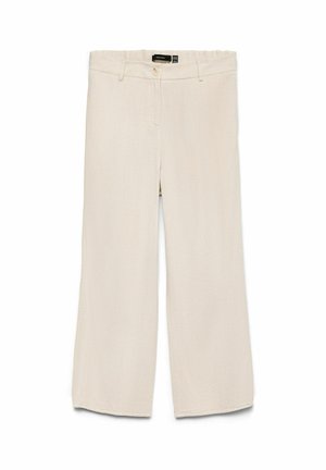 Beežid laia säärega linased püksid nööbi ja tõmblukuga, vööaasade ja ees taskutega, valgel taustal kuvatud.