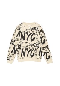 Swetshirt w kolorze kremowym z czarnymi napisami i wzorami w stylu graffiti, w tym dużym napisem "NYC", z prążkowanymi mankietami i kołnierzykiem.