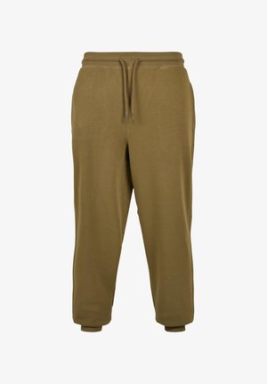 Olivgröna sweatpants tillverkade av mjukt tyg, med en justerbar dragsko i midjan, sidofickor och ribbade cuffs vid anklarna.