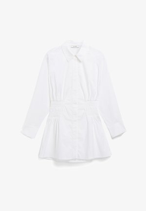 Weißes Langarmhemd mit Kragen, elastischem Taillenbund und Peplum-Saum; aus einem glatten, leichten Stoff gefertigt.