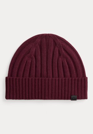 LEATHER-TRIM RIB-KNIT BEANIE - Berretto - dark garnet
