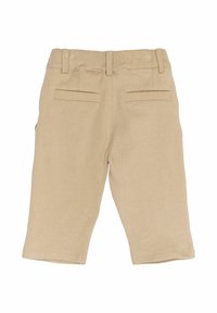Khaki kalhoty s hladkým povrchem, rovný střih a dvě zadní kapsy. Zahrnují pas se smyčkami na opasek, bez viditelných zapínání.