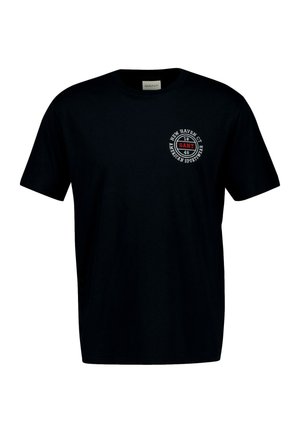 Sort T-shirt lavet af bomuld med rund halsudskæring og korte ærmer. Et rundt logo med tekst i hvid og rød er placeret på brystet.