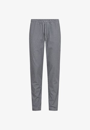 Stribede, grå bomuldsbukser med elastisk talje og snøre. Tapered bendesign med glat tekstur. Længde til midt på læggen.