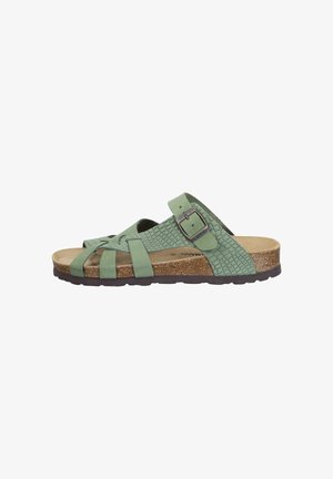 Green leather sandal with a textured strap design, adjustable buckle, cork footbed, and rubber sole. Features open toe and side cutouts.