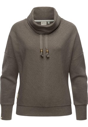 Dunkelgrauer Pullover mit Schalkragen, genähtem Textur und zwei Zugbändern, die mit metallischen Perlen verziert sind. Lockere Passform mit überschnittenen Schultern.