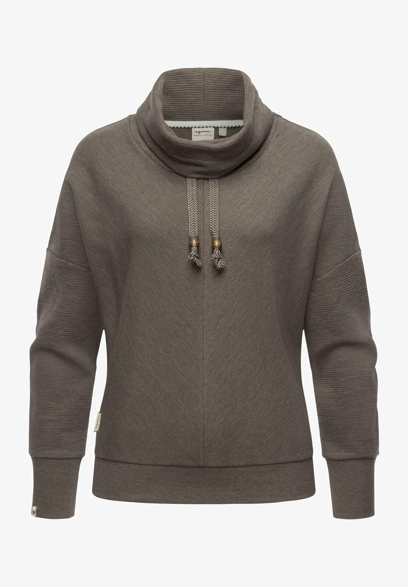 Pull en laine gris foncé avec col cheminée, texture cousue et deux cordons de serrage ornés de perles métalliques. Coupe décontractée avec épaules tombantes.