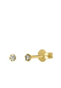 Boucles d'oreilles en or avec des pierres précieuses claires et rondes serties dans un fermoir en métal en forme de fleur. Une boucle d'oreille présente une pierre plus petite.