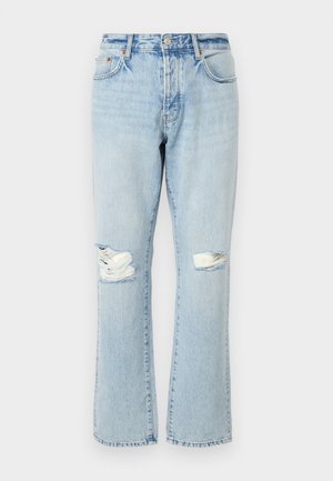 Light blue distressed jeans featuring ripped knee details, straight cut legs, five pockets, and denim fabric with a faded texture.