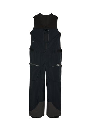Black sleeveless bib pants with front zipper, multiple pockets, adjustable waist straps, and reinforced gray knee and ankle areas.