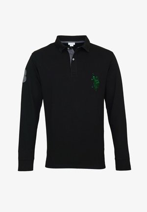 Black long-sleeve polo shirt with a two-button placket, gray collar, green horse logo on the chest, and a gray patch on the left sleeve.