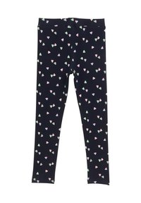 Leggings azul marino con un patrón de pequeños corazones rosas y verdes. Fabricados con material elástico, cuentan con una cinturilla cómoda.