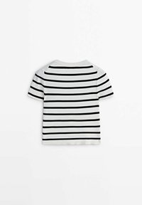 Korte mouwen T-shirt in het wit met zwarte horizontale strepen, met een ronde hals en zachte stof, met de achteraanzicht.