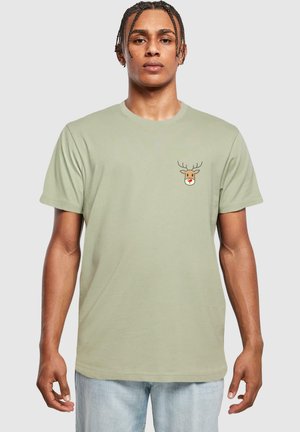 Light green short-sleeve t-shirt made of soft fabric, featuring a small reindeer graphic on the left chest area. Classic round neckline.