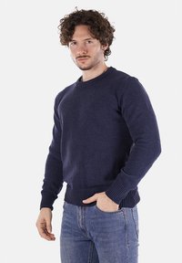 Maglione a maglia blu navy con scollatura a girocollo, polsini e orlo ribattuti; indossato sopra dei jeans blu. Il tessuto ha una finitura texturizzata.