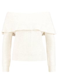 Cremfarbener, schulterfreier Strickpullover mit gerippter Textur, einer geschichteten Gestaltung und langen Ärmeln mit einem enganliegenden Saum.