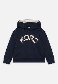 Námořnická modr á bavlněná mikina s kapucí, na přední straně s prohnutým, kovově zlatým logem "KORS". Má stahovací kapuci a žebrované manžety a lem.