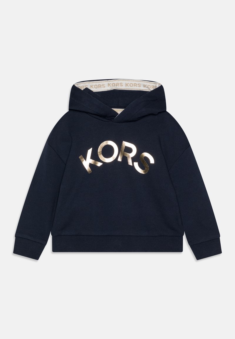 Felpa in cotone blu navy con logo "KORS" curvato in oro metallico sul davanti. Presenta un cappuccio con coulisse e polsini e orlo ribattuti.