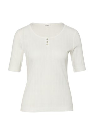 Biały krótki top z prążkowanego dzianiny z krótkim rękawem, okrągłym dekoltem i trzema małymi guzikami na środku przodu kołnierza.