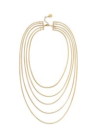 Gouden meerlagige ketting met vijf soepele, flexibele kettingen van verschillende lengtes, voorzien van een karabin slot en een verlengkettinkje voor een verstelbare pasvorm.