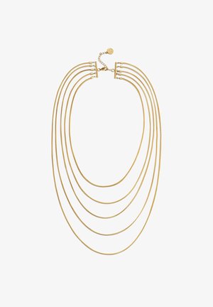 Collier multi-rangs en or, composé de cinq chaînes lisses et flexibles de longueurs variées, avec un fermoir en forme de homard et une chaîne d'extension pour un ajustement réglable.