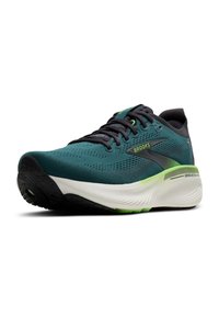 Zapatilla de correr para hombre con una parte superior de malla en un azul verdoso oscuro, cordones negros, entresuela blanca, acentos verdes y suela de goma texturizada.