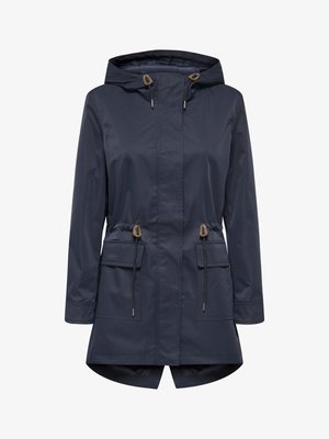 Tumši zila kapuci ar rāvējslēdzēju priekšpusē, jostasvieta ar auklu, kabatas ar aizsegu un garas piedurknes, izstrādāta aukstiem laika apstākļiem.